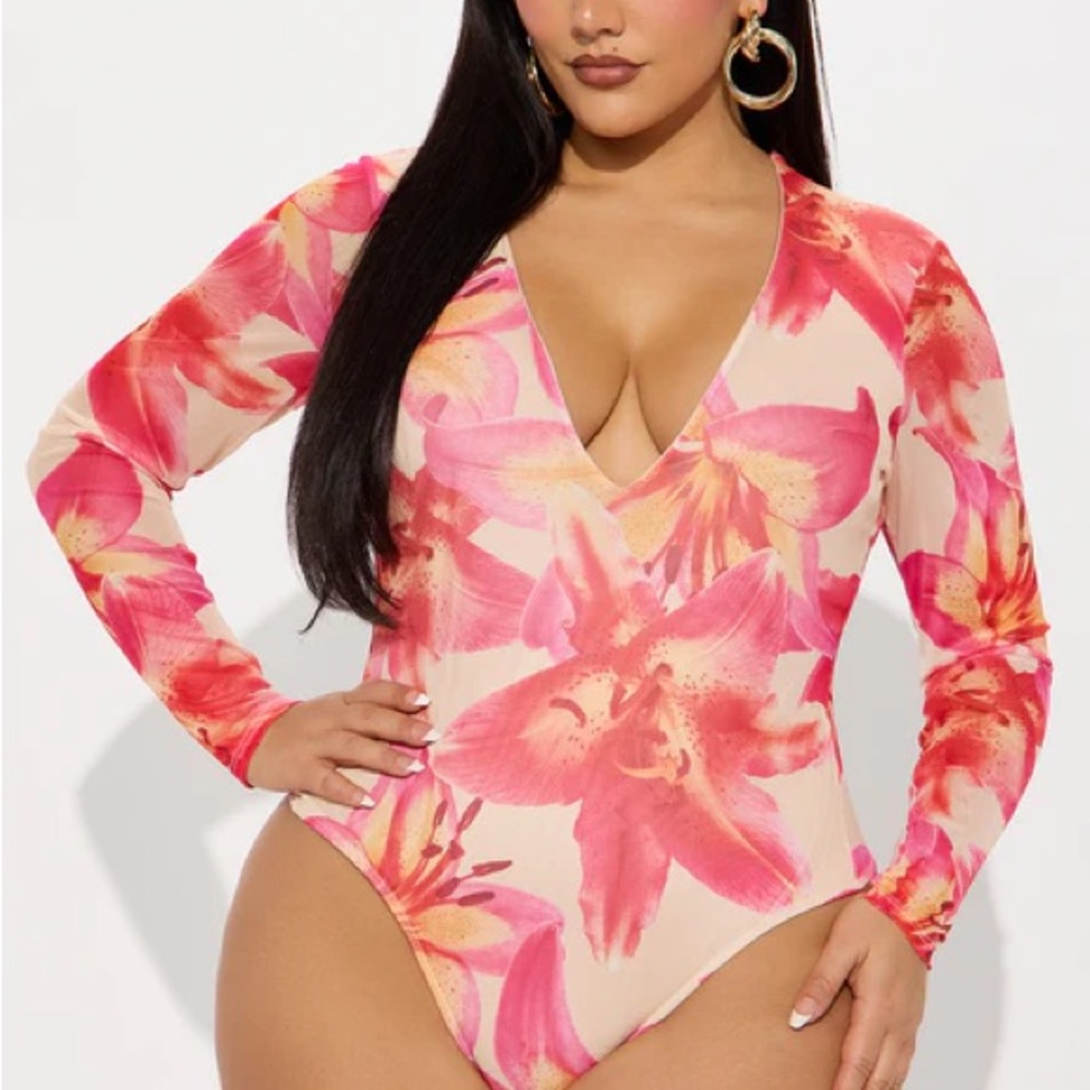 Moody Mesh Floral Long Sleeve Bodysuit - Pink/combo